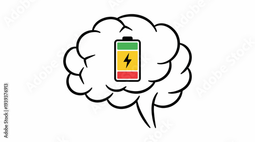 An illustration depicting a brain with a battery indicator symbolizes mental energy levels, encouraging awareness towards mental health and the importance of self-care.