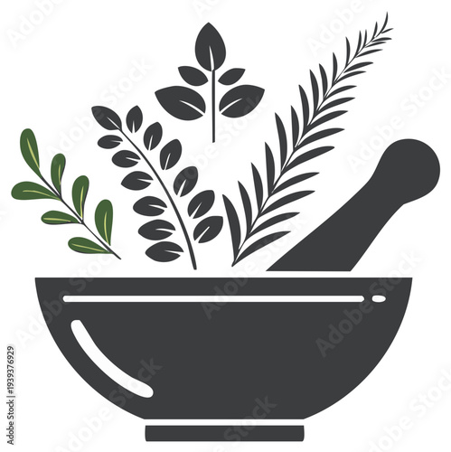 Mortar and Pestle with Natural Herbs Symbolizes Herbal Medicine, Homeopathic Remedy Preparation