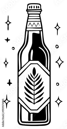 Hand-drawn craft beer bottle with wheat design, black and white vector illustration for packaging and branding elements