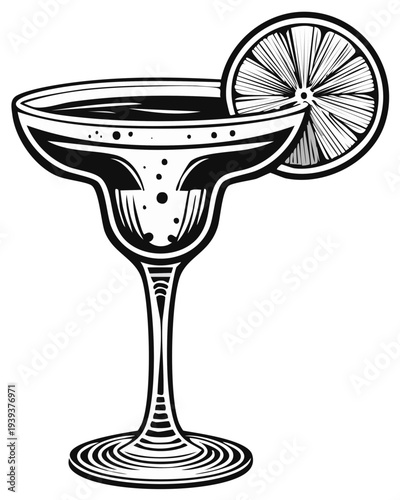 Stylized illustration of a margarita cocktail with lime slice, black and white