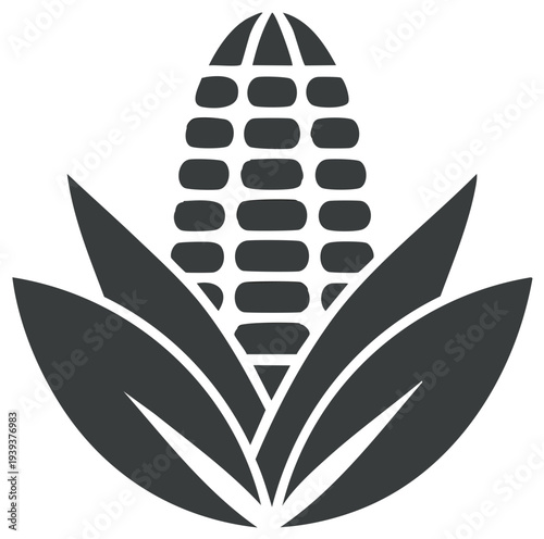 Simple Maize Illustration Showing Corncob and Leaves in Dark Gray Tones
