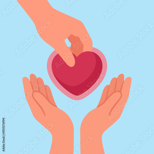 This image shows hands exchanging a heart symbol, representing love, care, and connection between people, ideal for themes of kindness and compassion.