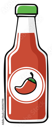 Illustrated bottle of hot sauce with chili pepper logo red condiment