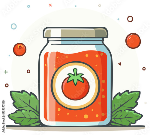 Jar of tomato sauce illustration with leaves and design elements