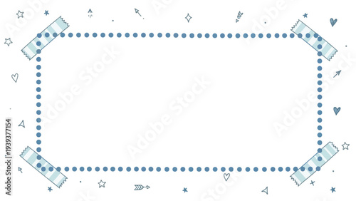A blue dotted line border with geometric shapes and symbols on a white background, forming a rectangular frame with a playful and creative mood.