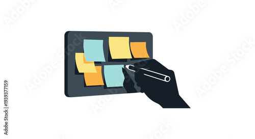 Hand pinning colorful sticky notes on a board, representing ideas and project planning