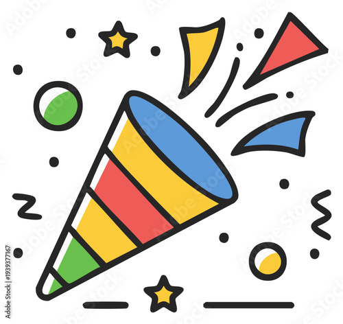 Party popper with confetti explosion, colorful streamer illustration for celebration, carnival and holiday themes