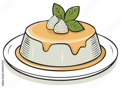 Delicious Panna Cotta Dessert with Strawberries and Mint Leaves on a Plate