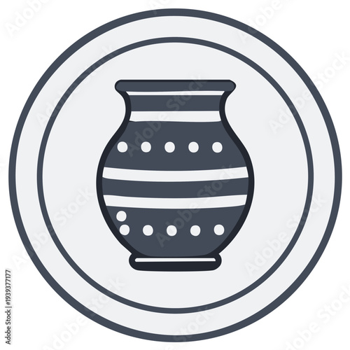 Illustration of a decorative, handcrafted ceramic vase, cultural symbol in a circular frame.