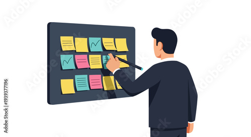 Business planning and strategy with sticky notes on a board