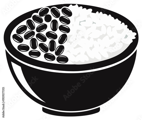 Bowl of rice with black beans illustration presenting nutritious food vector design for health