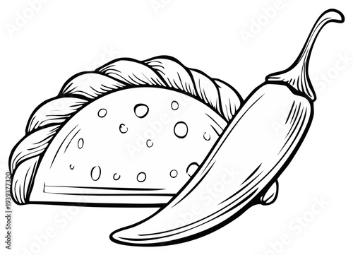 Hand Drawn Outline of a Stuffed Empanada and Spicy Chili Pepper