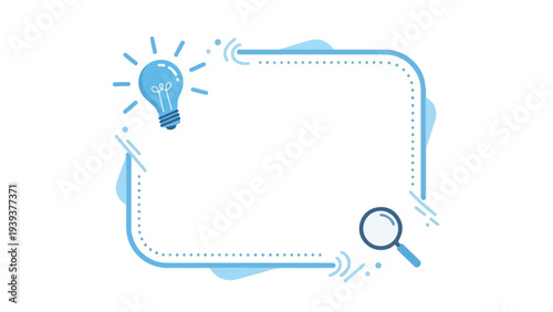 Flat design illustration of a blue lightbulb and magnifying glass connected by a dotted line on a white background with a creative and analytical mood.