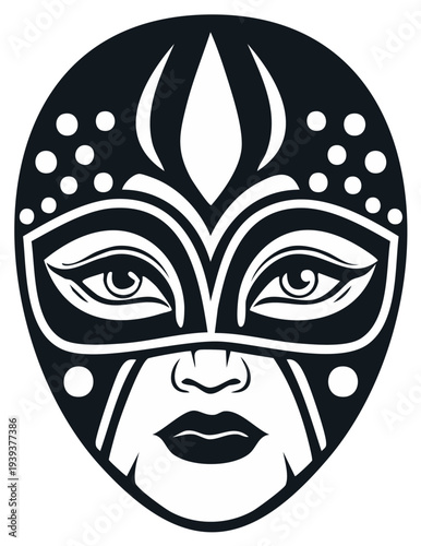 Tribal Mask Face Silhouette with Abstract Eyes and Mouth in Black and White Vector Art
