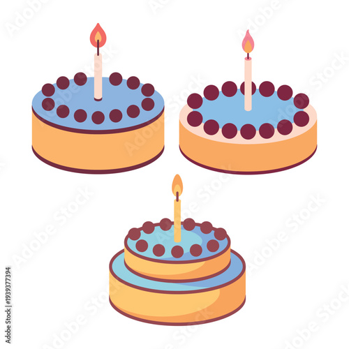 cute birthday cake with candle flame flat design illustration isolated on light background
