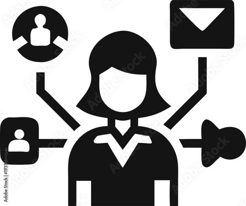 Professional businesswoman managing various tasks and communications simultaneously in a busy corporate environment