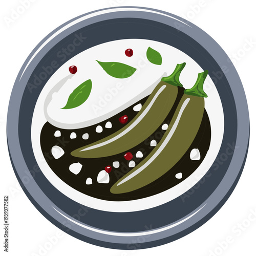 Creative illustration: Vegetarian dish with two green peppers in a bowl with sauce and spices.