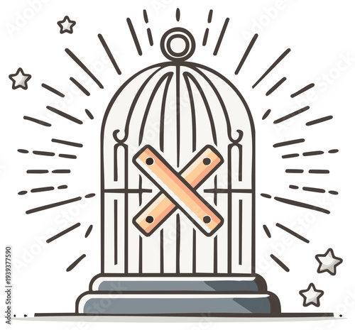 Stylized Birdcage with Crossed Bars and Stars Graphic