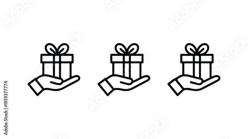 Three stylized gifts held in hands a simple black and white illustration