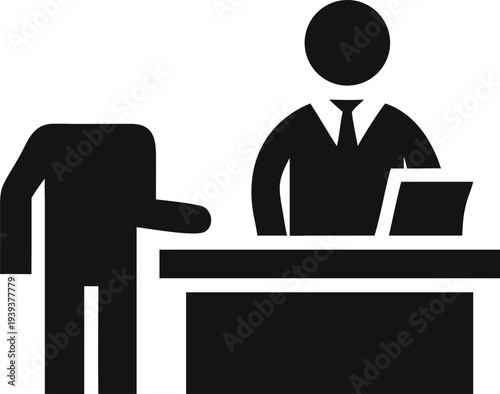 Professional customer service agent interacts with a person seeking assistance at a help desk counter