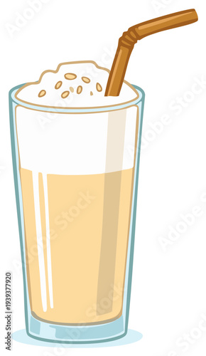 Illustration of a beverage served in a tall glass with whipped cream and a straw