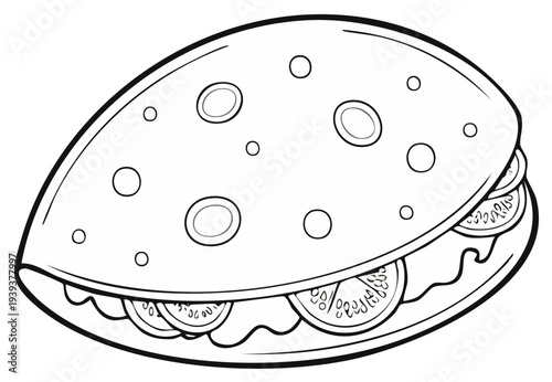 Stylized Line Drawing of a Folded Flatbread with Tomato and Greens Filling