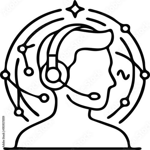 AI assistant icon with headset and user profile. Virtual helper and customer support symbol, line style for service design