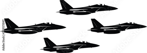 Four black fighter jets on white background black silhouettes aircraft military planes