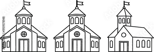 Three simple church buildings with flags
