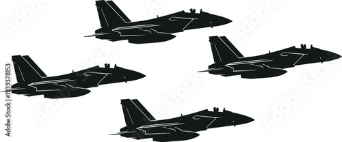 Four black fighter jets with white outlines flying in formation aircraft military