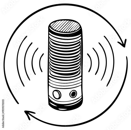 Smart speaker illustration with sound waves and arrows inside a circle