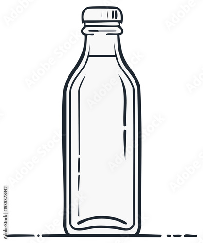 Simple hand-drawn illustration of a clear glass bottle with a cap filled with liquid