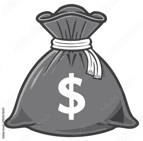 Illustrated gray money bag with dollar symbol, concept of wealth and finance