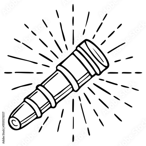 Hand-drawn telescope illustration with radiating light, line art illustration of vintage spyglass with shining beams.