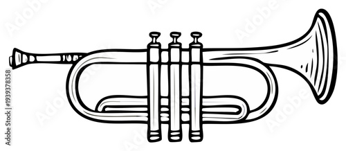Trumpet illustration in black and white with valves and details of the instrument