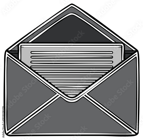 Open Envelope with Letter Inside Graphic Illustration, Gray Tones