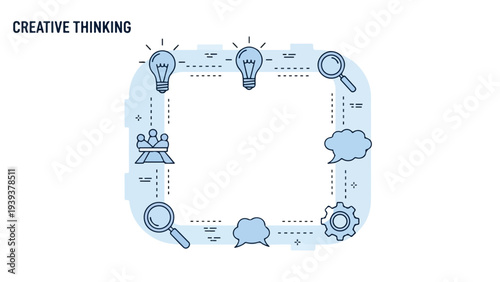 Flat design illustration of creative thinking concept with various icons and symbols on a white background.