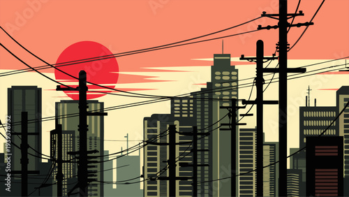 Urban City Skyline Silhouette at Sunset with Power Lines and Utility Poles for Energy Infrastructure and Telecommunications Technology Concepts