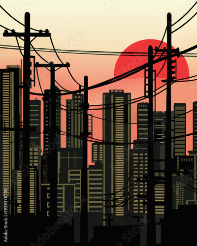 Urban City Skyline Silhouette at Sunset with Power Lines and Utility Poles for Energy Infrastructure and Telecommunications Technology Concepts