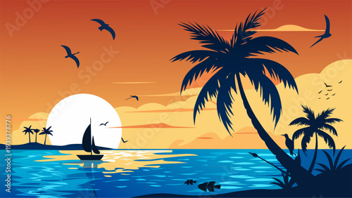 Tropical Beach Sunset with Sailboat and Palm Trees Minimalist Summer Landscape Vector for Travel Agency Marketing Vacation Booking and Sailing Charter Website Background