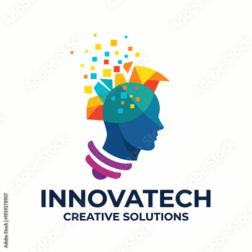 An innovative logo for Innovatech Creative Solutions, illustrating a human head with abstract elements representing technology, creativity, and forward-thinking approach in design.