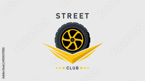 An impactful logo design featuring a tire and sleek accents, representing a street club focused on automotive culture, speed, and excitement with a modern aesthetic.
