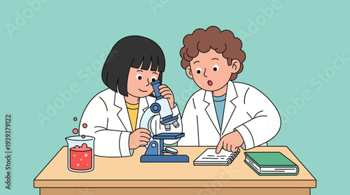 This illustration displays two children in lab coats, one using a microscope, showcasing curiosity and enthusiasm for science and learning in a bright, cheerful environment.