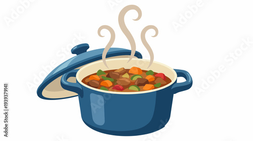 A steaming blue cooking pot filled with a hearty vegetable stew featuring colorful vegetables for a delicious and nourishing meal that's perfect for all occasions.