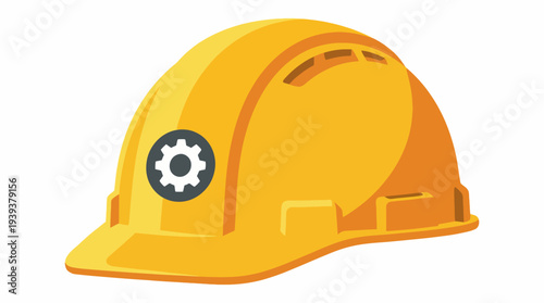 A bright yellow hard hat with a gear logo, emphasizing safety standards in construction and industrial environments for workers and professionals.