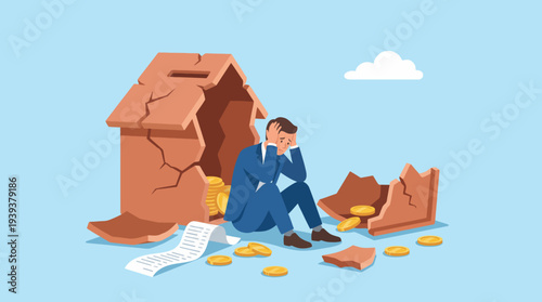 A stressed businessman sitting amidst broken currency and a damaged house model, illustrating the emotional struggle and challenges associated with financial hardships.