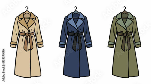 An elegant display of three trendy trench coats in beige, navy, and olive, showcasing versatility and style for various weather conditions and fashionable outfits.
