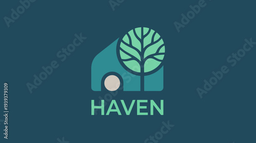 This logo design for Haven features a tree integrated with a home silhouette, symbolizing sustainability, nature, and community living in a sleek and modern graphic design approach.