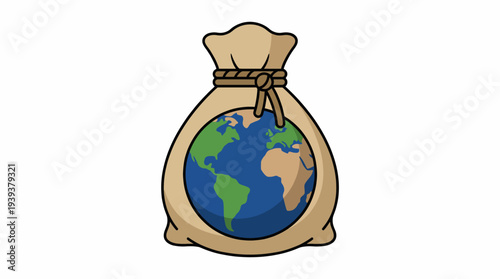 An illustrated money bag with a globe inside, symbolizing global trade, economics, and the interconnectedness of our world in a visually appealing manner.