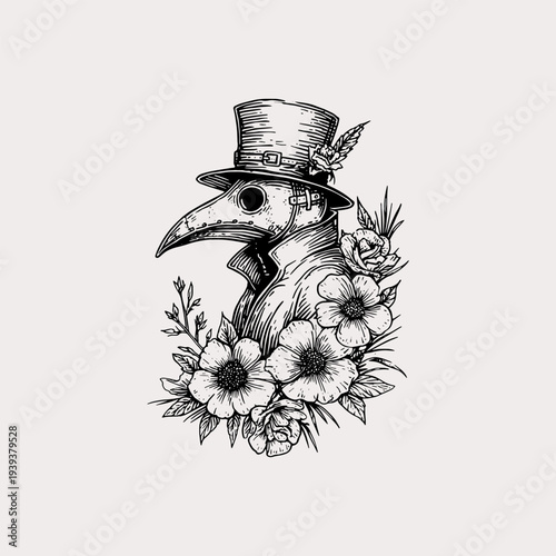 Plague Doctor with Top Hat and Floral Ornament Illustration